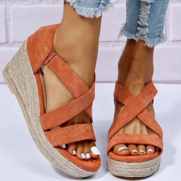 ROSY Shoes - ROSY Orange Cross-Strap Espadrille Wedge Sandal - Women